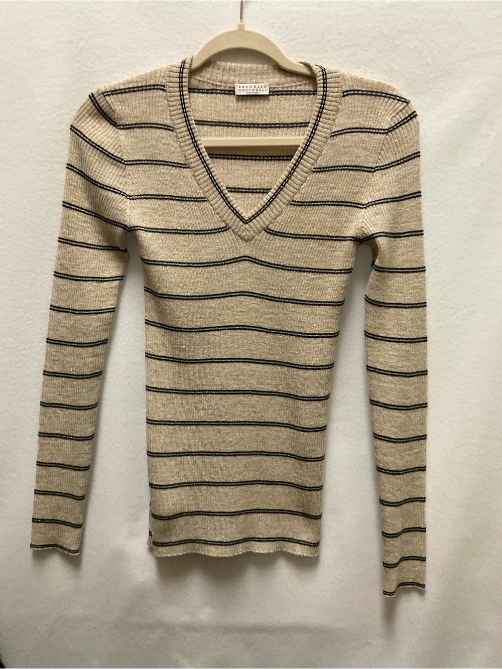 Brunello Cucinelli Striped V-Neck Long Sleeve Sweater in Beige